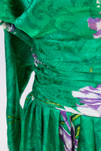 Load image into Gallery viewer, 1980s Dress Silk Emerald Floral Cocktail Long Sleeve M