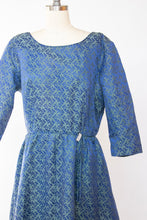 Load image into Gallery viewer, 1950s Dress Blue Brocade Full Skirt Party Cocktail Large