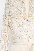 Load image into Gallery viewer, 1960s Dress Lace Illusion Chiffon Full Skirt Beaded Cocktail M