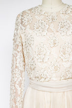 Load image into Gallery viewer, 1960s Dress Lace Illusion Chiffon Full Skirt Beaded Cocktail M