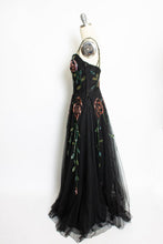 Load image into Gallery viewer, Vintage 1940s Dress Black Tulle Floral Sequined Gown S/XS