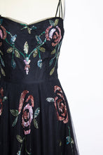 Load image into Gallery viewer, Vintage 1940s Dress Black Tulle Floral Sequined Gown S/XS