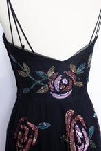 Load image into Gallery viewer, Vintage 1940s Dress Black Tulle Floral Sequined Gown S/XS