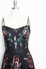 Load image into Gallery viewer, Vintage 1940s Dress Black Tulle Floral Sequined Gown S/XS