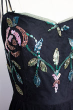 Load image into Gallery viewer, Vintage 1940s Dress Black Tulle Floral Sequined Gown S/XS
