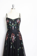 Load image into Gallery viewer, Vintage 1940s Dress Black Tulle Floral Sequined Gown S/XS