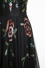 Load image into Gallery viewer, Vintage 1940s Dress Black Tulle Floral Sequined Gown S/XS