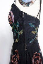Load image into Gallery viewer, Vintage 1940s Dress Black Tulle Floral Sequined Gown S/XS