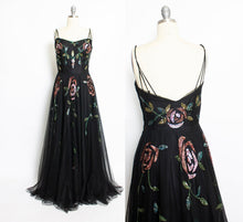 Load image into Gallery viewer, Vintage 1940s Dress Black Tulle Floral Sequined Gown S/XS