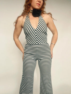 1970s Jumpsuit Striped Chevron Black & White Knit XS