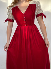 Load image into Gallery viewer, 1970s Dress Red Velvet Lace Maxi Gown S