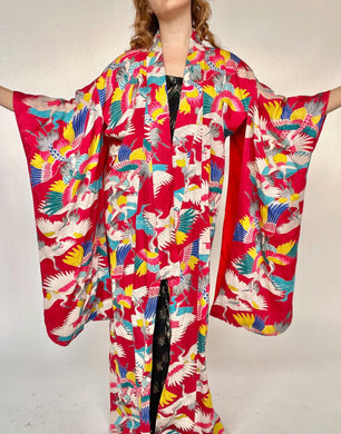 1940s Silk Kimono Colorful Crane Printed Long Japanese Robe