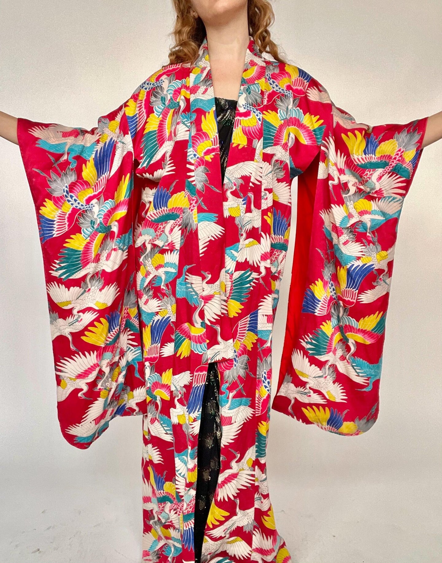 1940s Silk Kimono Colorful Crane Printed Long Japanese Robe