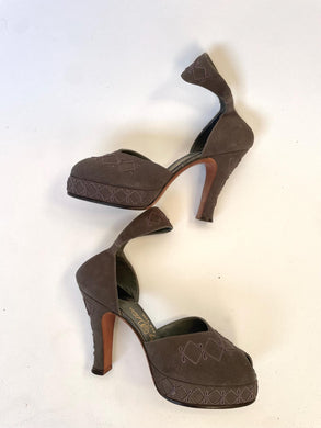 1940s High Heels Calfskin Peep Toe Platform Pumps 6.5