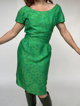 Load image into Gallery viewer, 1960s Dress Green Brocade Fitted Cocktail Wiggle M