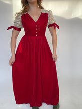 Load image into Gallery viewer, 1970s Dress Red Velvet Lace Maxi Gown S