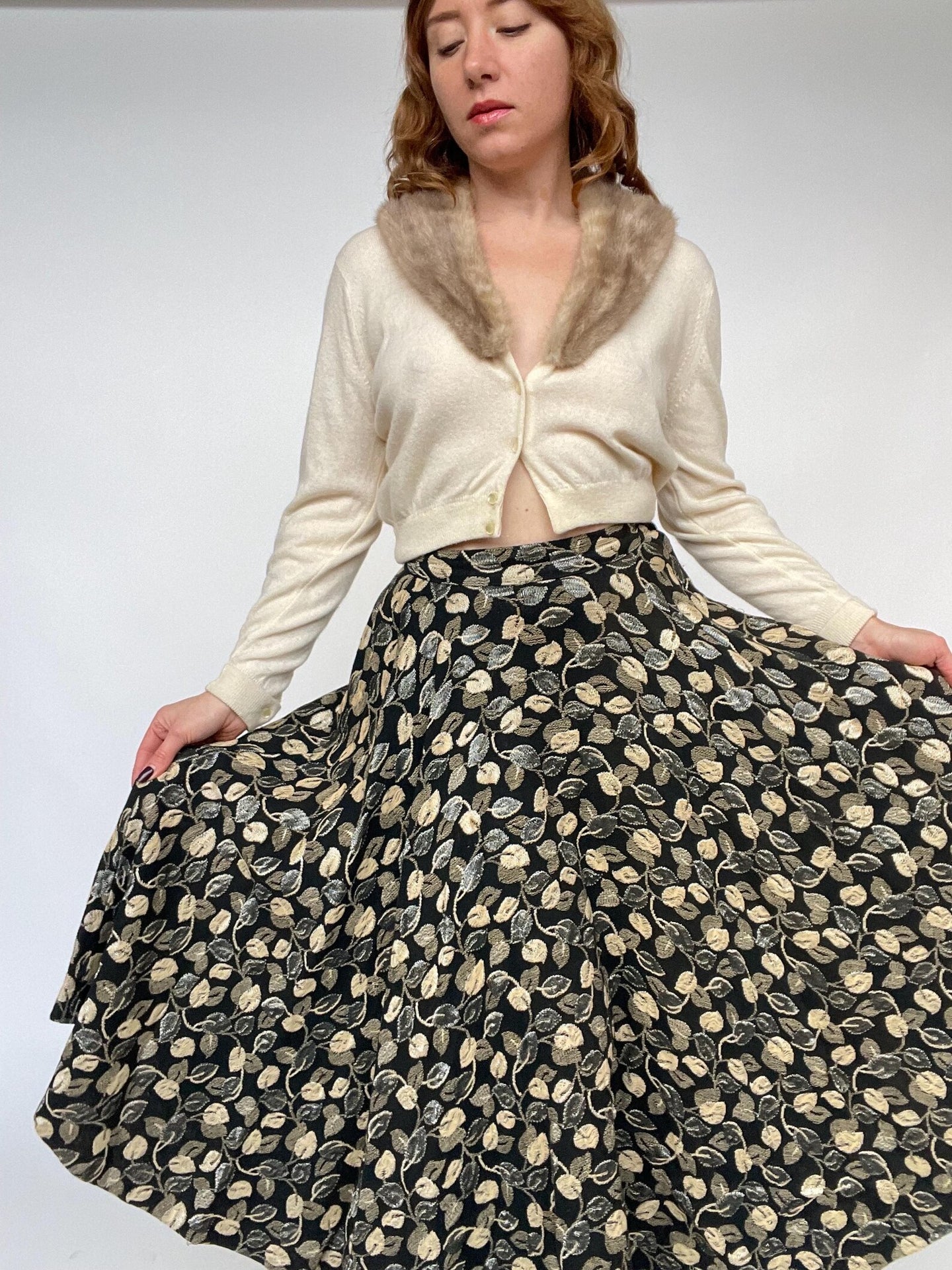 1950s Full Skirt Cotton Woven Botanical S
