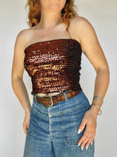 Load image into Gallery viewer, 1980s Sequin Tube Top Sleeveless Disco Cropped Brown 70s L