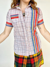 Load image into Gallery viewer, 1970s Blouse Striped Grid Print Short Sleeve Top S
