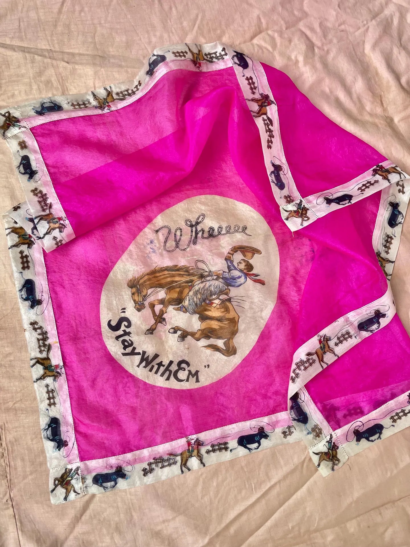 1940s Silk Scarf Hand Painted Western Rodeo Cowboy Souvenir Bandana
