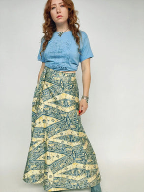 1970s Cotton Wrap Maxi Skirt Printed Boho M/L