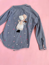 Load image into Gallery viewer, 1970s Chambray Shirt Button Up Holly Hobbie Appliqué Ric Rac S