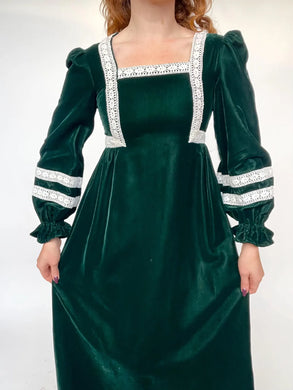 1960s Dress Green Velvet Lace High Waist Gown S