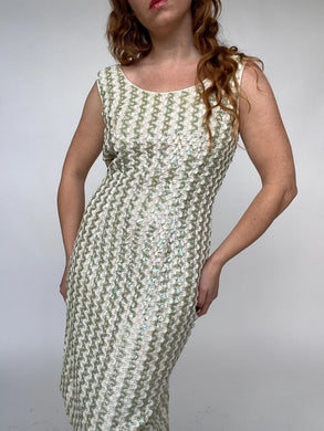 1960s Dress Sequin Green Striped Sleeveless Wiggle Cocktail M