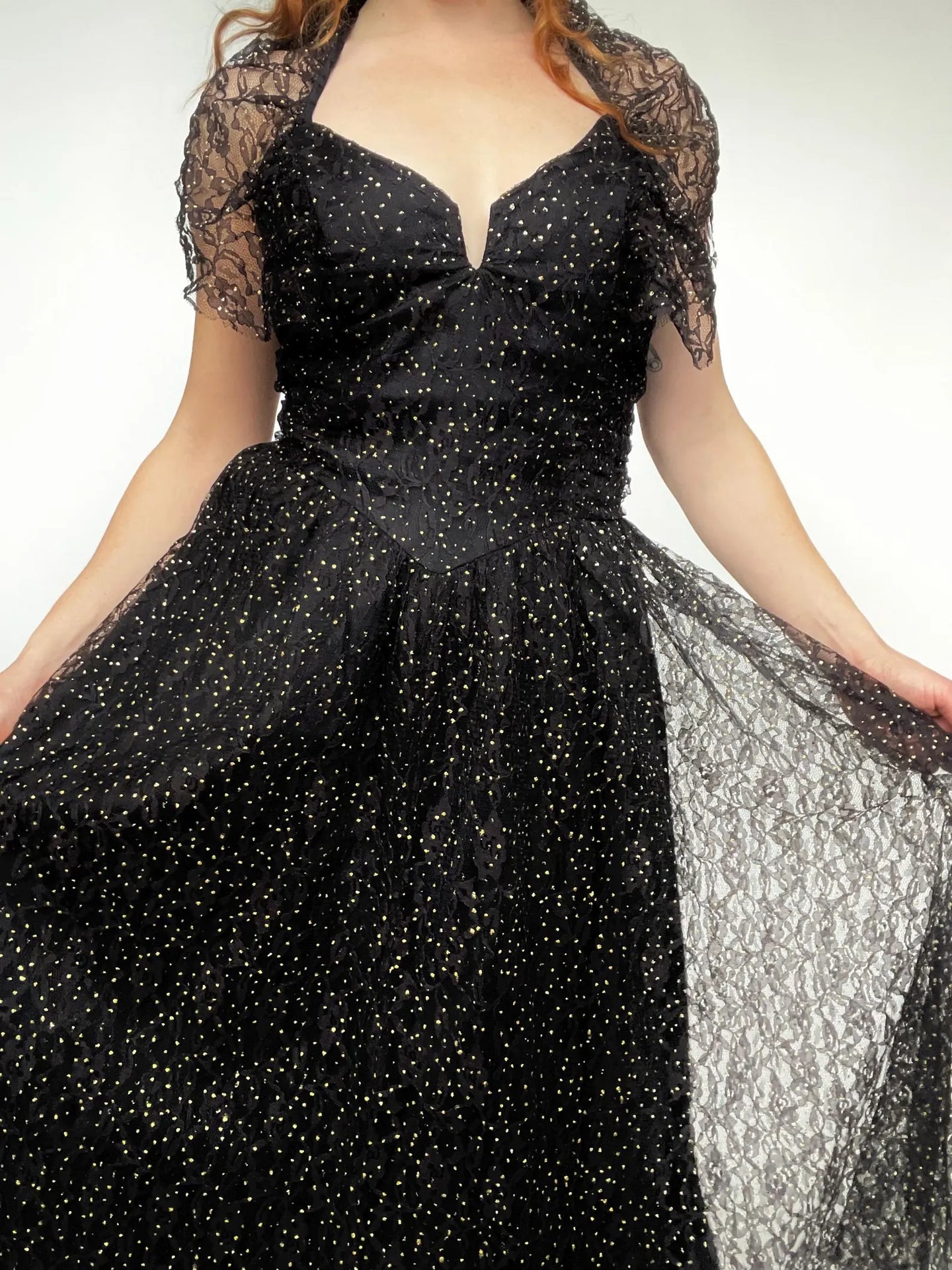 1980s Dress Black Lace Hold Sweetheart Full Skirt M