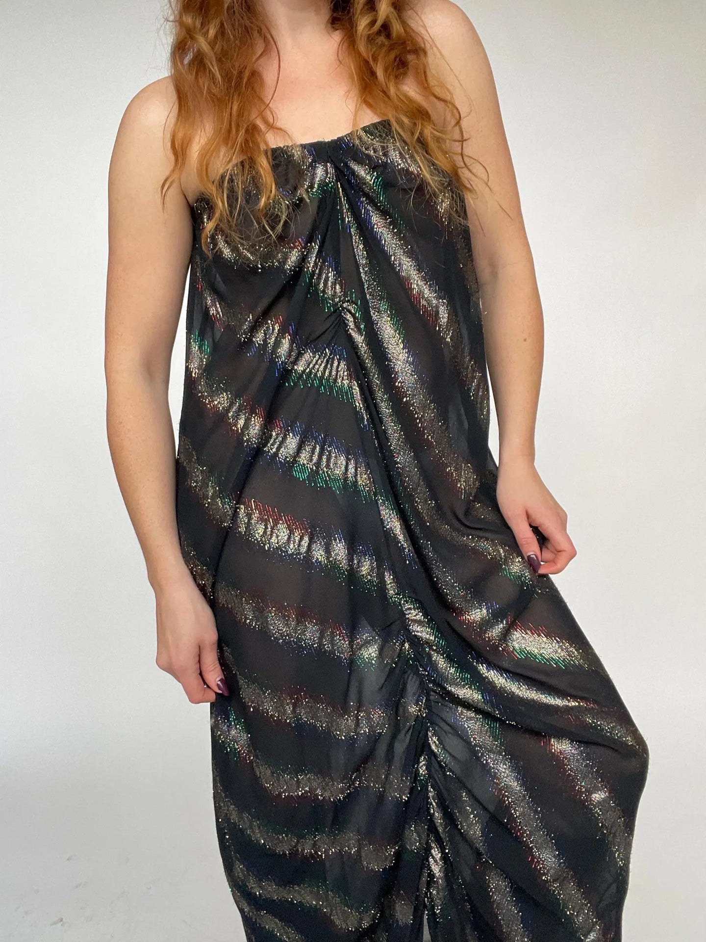 1970s Disco Dress Sheer Metallic Silk Chiffon Strapless Grecian M/L