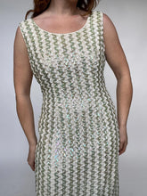 Load image into Gallery viewer, 1960s Dress Sequin Green Striped Sleeveless Wiggle Cocktail M
