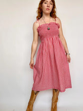 Load image into Gallery viewer, 1970s Dress Gingham Red Cotton Smocked L
