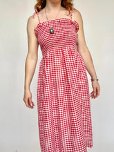 Load image into Gallery viewer, 1970s Dress Gingham Red Cotton Smocked L