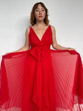 Load image into Gallery viewer, 1970s Gown Red Chiffon Pleated Dress S / M