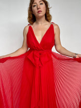 Load image into Gallery viewer, 1970s Gown Red Chiffon Pleated Dress S / M