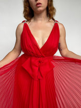 Load image into Gallery viewer, 1970s Gown Red Chiffon Pleated Dress S / M