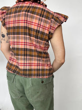 Load image into Gallery viewer, 1970s Ruffle Blouse Natural Cotton Plaid S