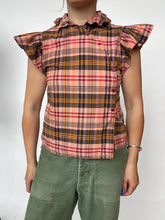 Load image into Gallery viewer, 1970s Ruffle Blouse Natural Cotton Plaid S