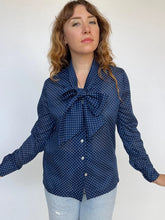Load image into Gallery viewer, 1970s Blouse Blue Polk Dot Pussy Bow Tie Top M