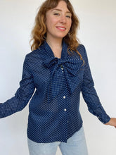 Load image into Gallery viewer, 1970s Blouse Blue Polk Dot Pussy Bow Tie Top M