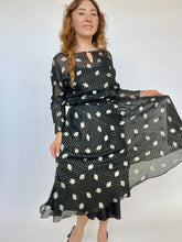 Load image into Gallery viewer, 1980s Dress Silk Chiffon Party Cocktail Metallic Full Skirt S