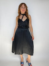 Load image into Gallery viewer, 1970s Midi Full Skirt Dress Black Stars Rayon Satin M