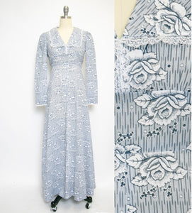 1970s Maxi Dress Floral Rose Cotton S