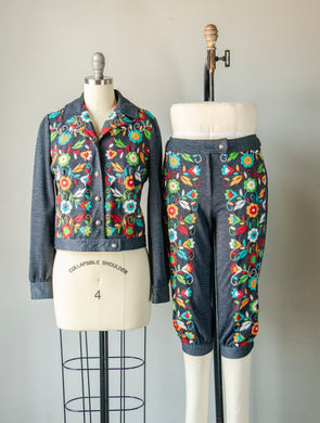 1970s Ensemble Embroidered Jacket Pants Set S