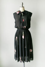 Load image into Gallery viewer, 1970s Dress Polka Dot Dark Floral Sheer Chiffon S