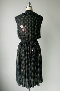 1970s Dress Polka Dot Dark Floral Sheer Chiffon S