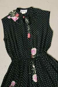 1970s Dress Polka Dot Dark Floral Sheer Chiffon S