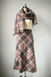 1960s Wool Skirt Scarf Set Plaid XS