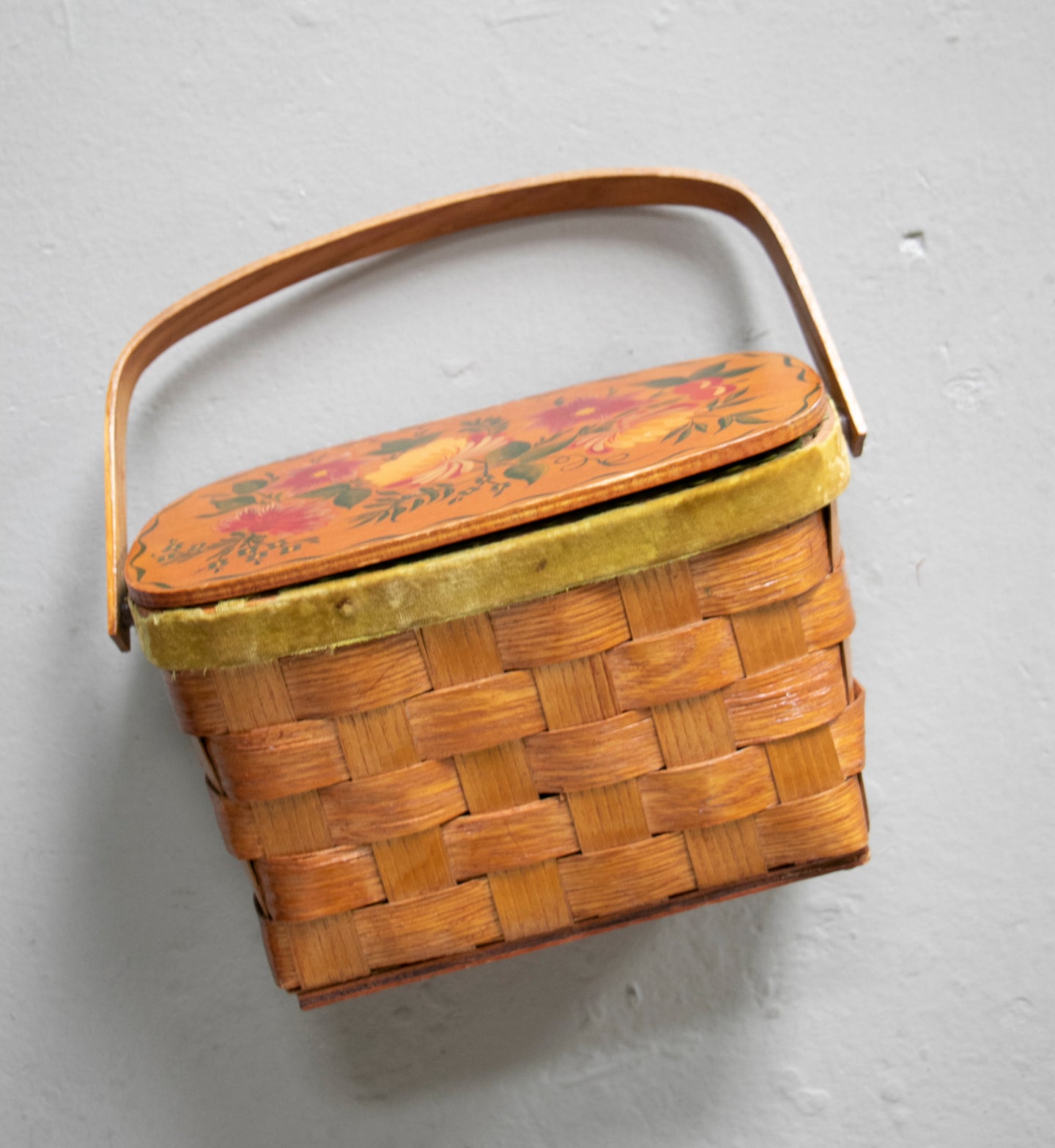 1970s Basket Purse Woven Wooden Hand Painted Bag