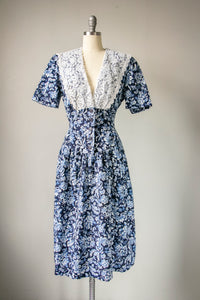 1990s Dress Blue Floral Cotton Full Skirt L